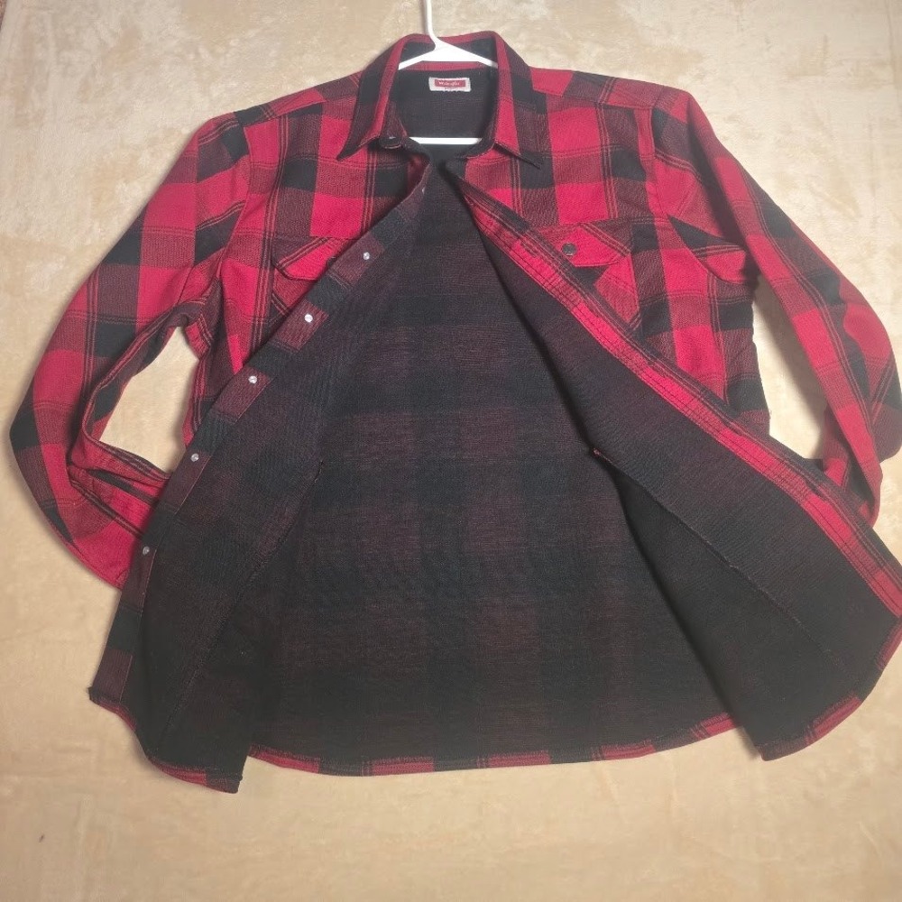 Wrangler Premium Mens Red Black Buffalo Plaid Fleece Lined Flannel Shacket XL
